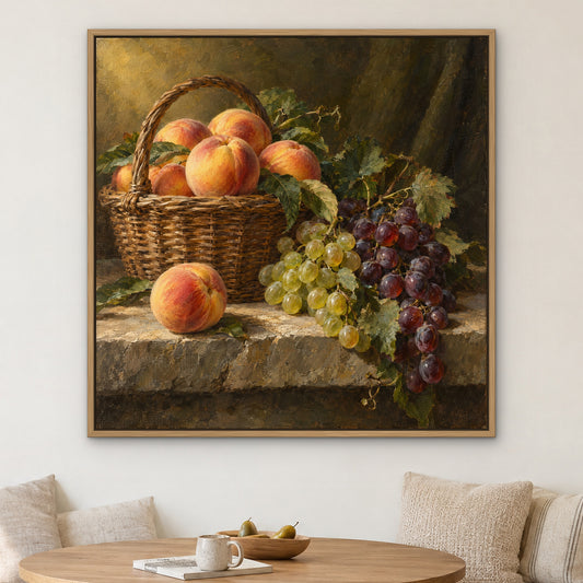 Peaches and Grapes, red still life hand-painted canvas wall art in a kitchen nook – Gallery 23