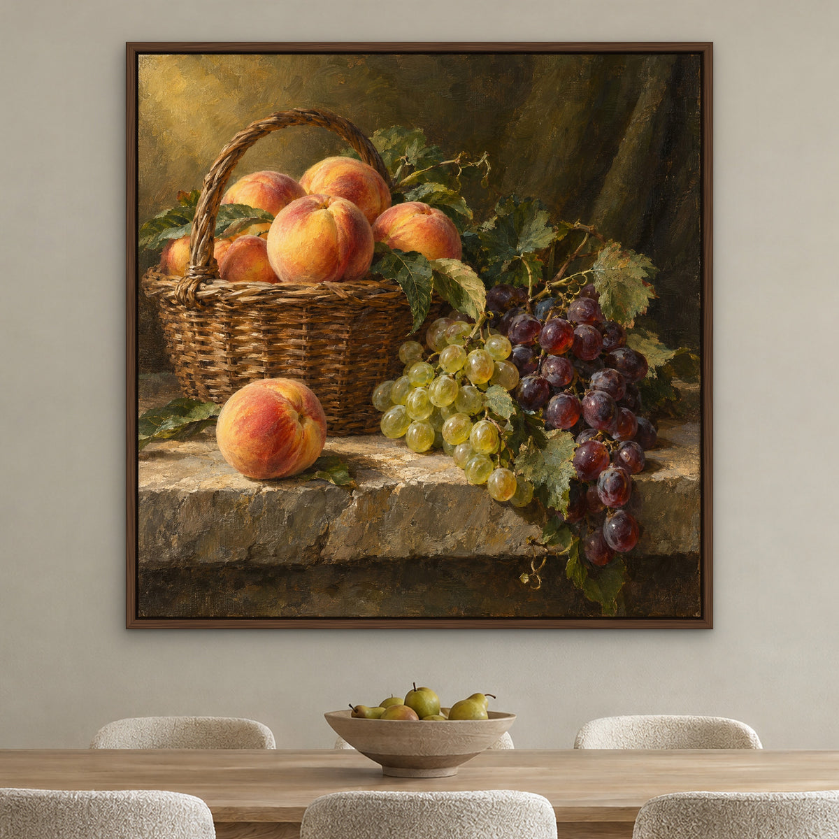 Peaches and Grapes, red still life hand-painted canvas wall art in a dining room – Gallery 23