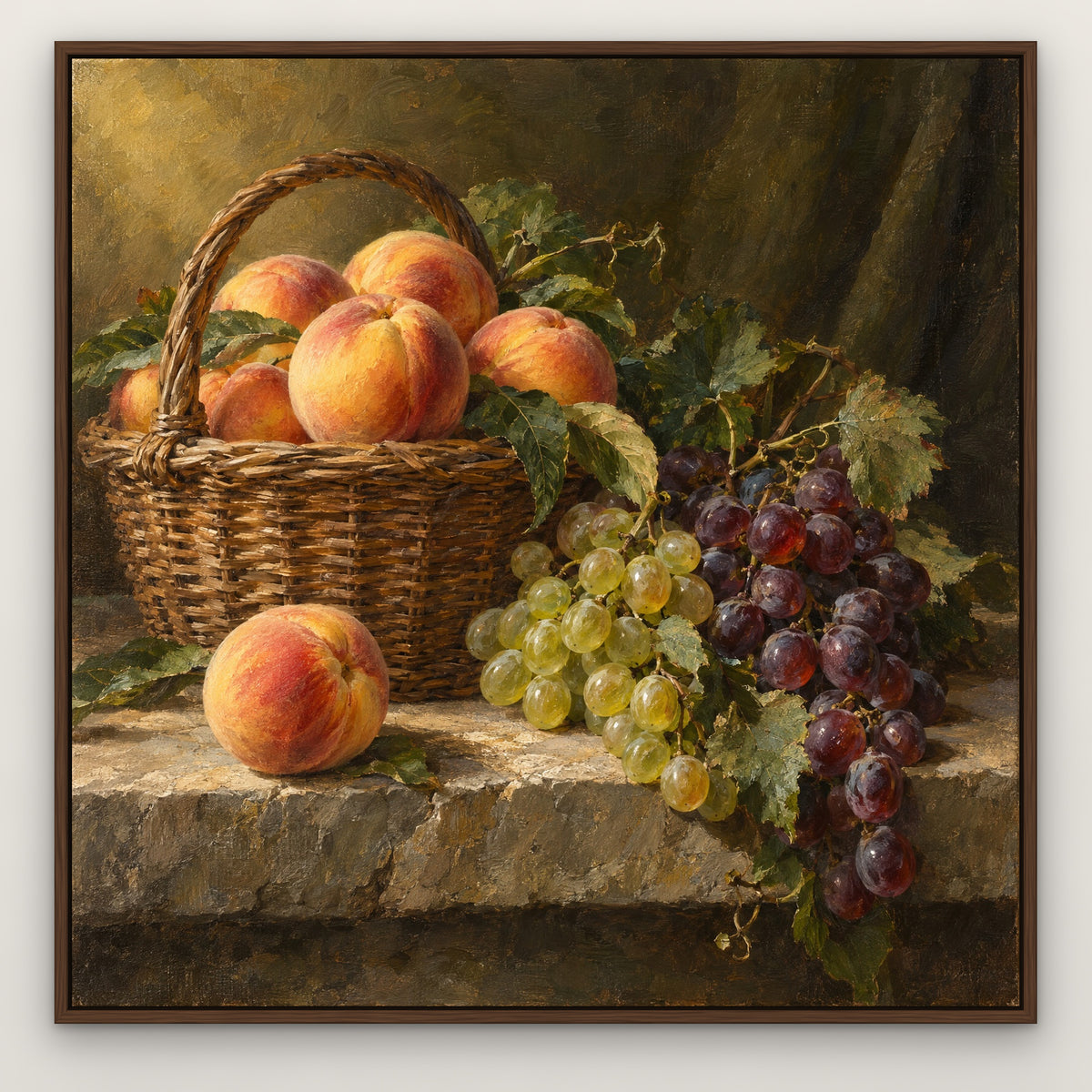 Peaches and Grapes, red still life hand-painted canvas wall art in a slim walnut float frame – Gallery 23