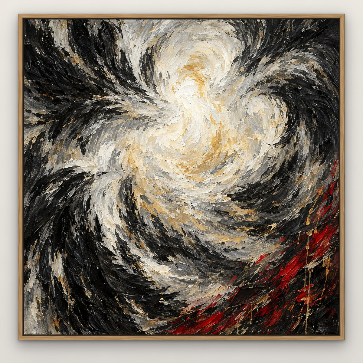Feathered Storm, orange abstract hand-painted canvas wall art in a slim oak float frame – Gallery 23