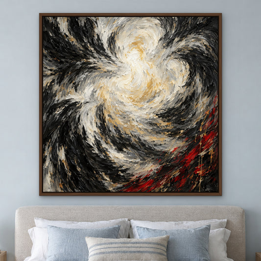 Feathered Storm, orange abstract hand-painted canvas wall art in a bedroom – Gallery 23