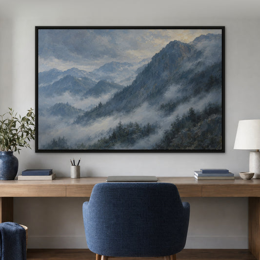 Misty Blue Ranges, grey mountain landscape hand-painted canvas wall art in a home office – Gallery 23