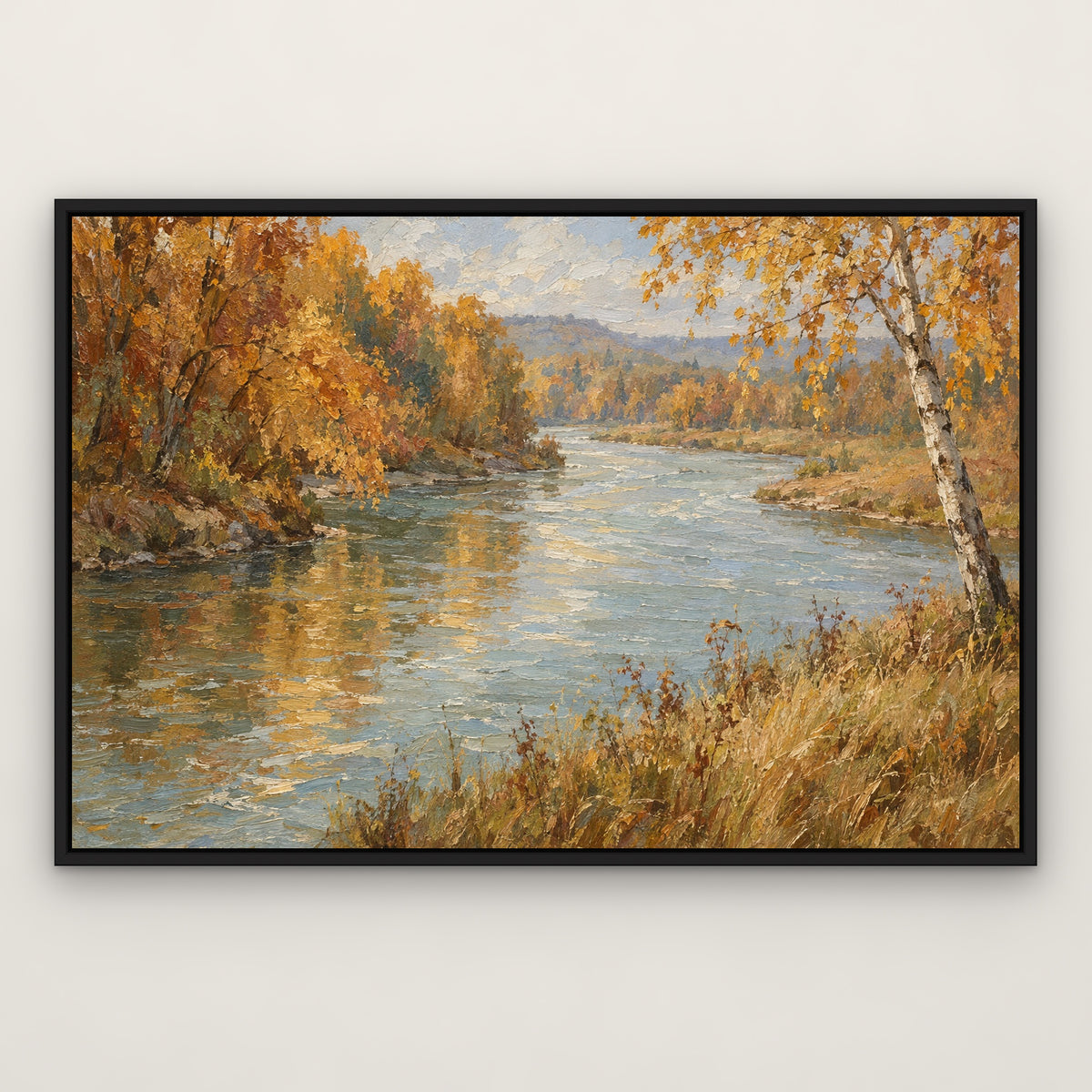 Autumn Riverbank, gold landscape hand-painted canvas wall art in a slim black float frame – Gallery 23