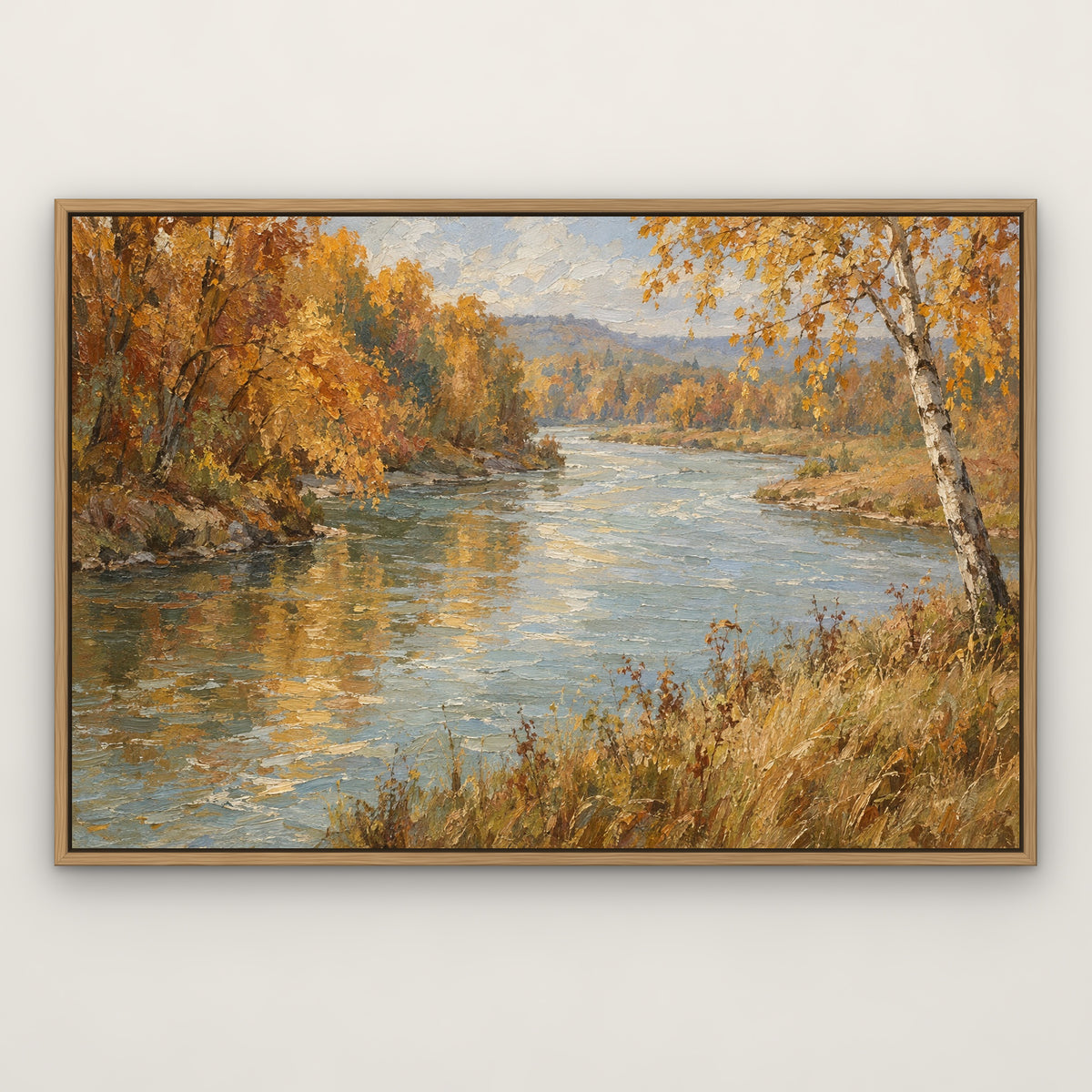 Autumn Riverbank, gold landscape hand-painted canvas wall art in a slim oak float frame – Gallery 23