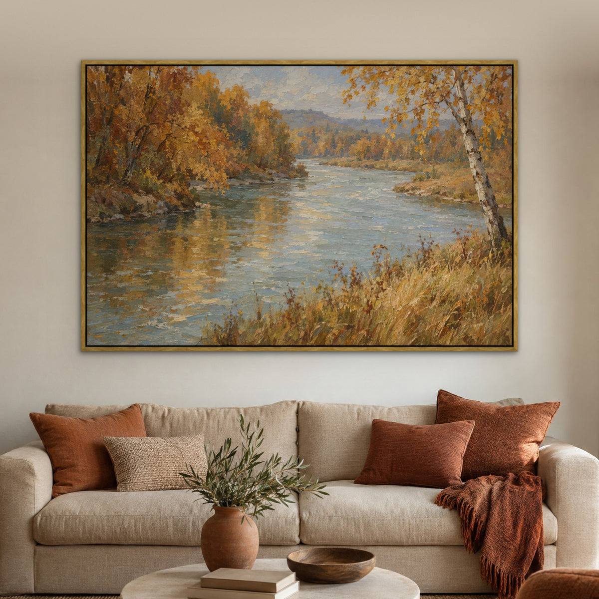 Autumn Riverbank, gold landscape hand-painted canvas wall art in a living room – Gallery 23