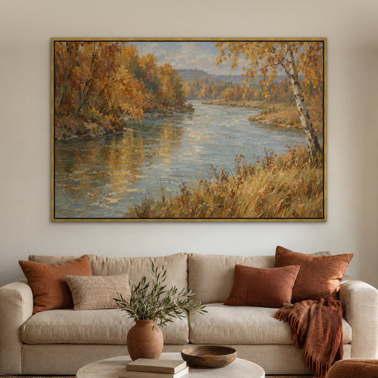Autumn Riverbank, gold landscape hand-painted canvas wall art in a living room – Gallery 23