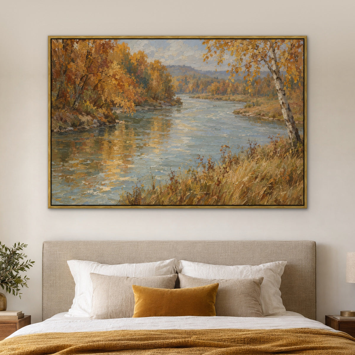 Autumn Riverbank, gold landscape hand-painted canvas wall art in a bedroom – Gallery 23
