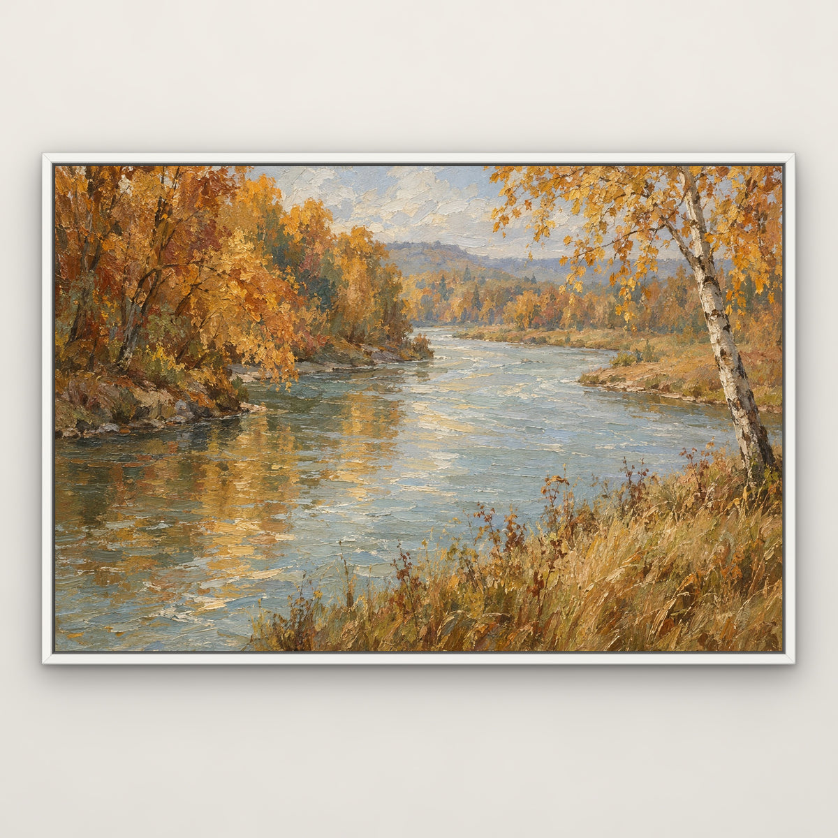 Autumn Riverbank, gold landscape hand-painted canvas wall art in a slim white float frame – Gallery 23