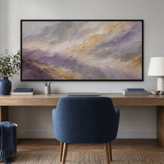 Lavender Gold Panorama, neutral abstract hand-painted canvas wall art in a home office – Gallery 23