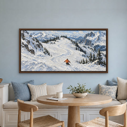 Alpine Ski Run, black and white mountain landscape hand-painted canvas wall art in a kitchen nook – Gallery 23