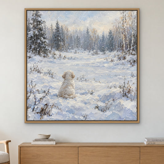 Snow Pup, grey animal hand-painted canvas wall art in a living room – Gallery 23