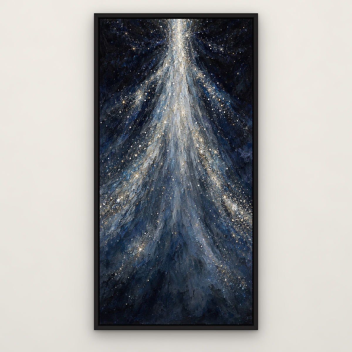 Starfall Cascade, blue abstract hand-painted canvas wall art in a slim black float frame – Gallery 23