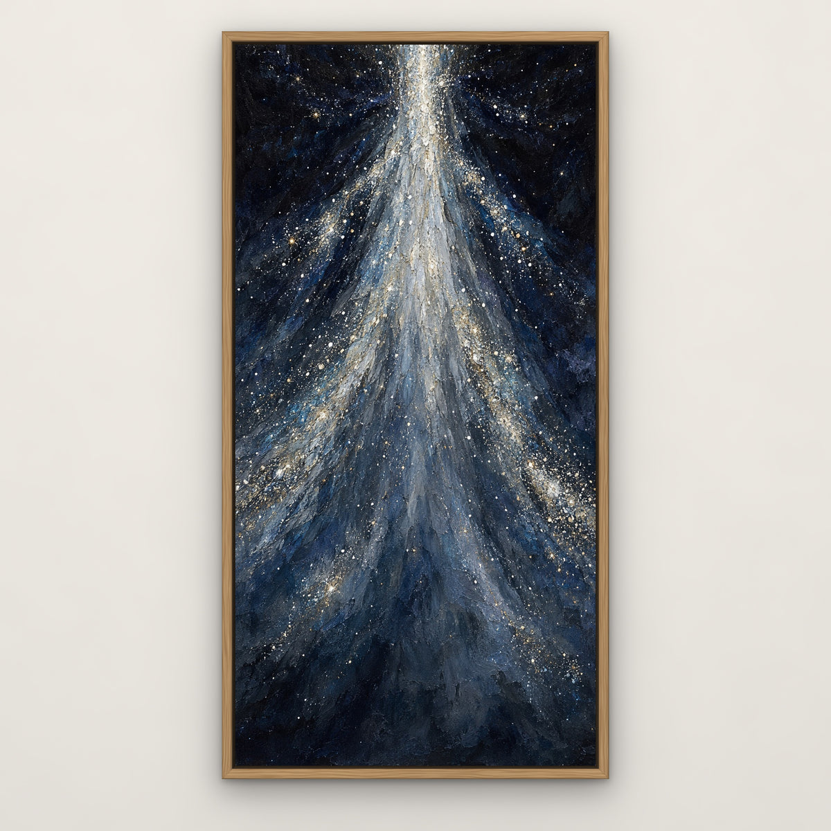 Starfall Cascade, blue abstract hand-painted canvas wall art in a slim oak float frame – Gallery 23