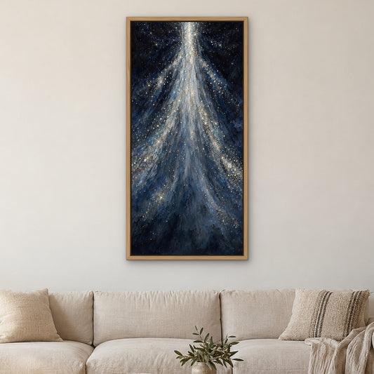 Starfall Cascade, blue abstract hand-painted canvas wall art in a living room – Gallery 23