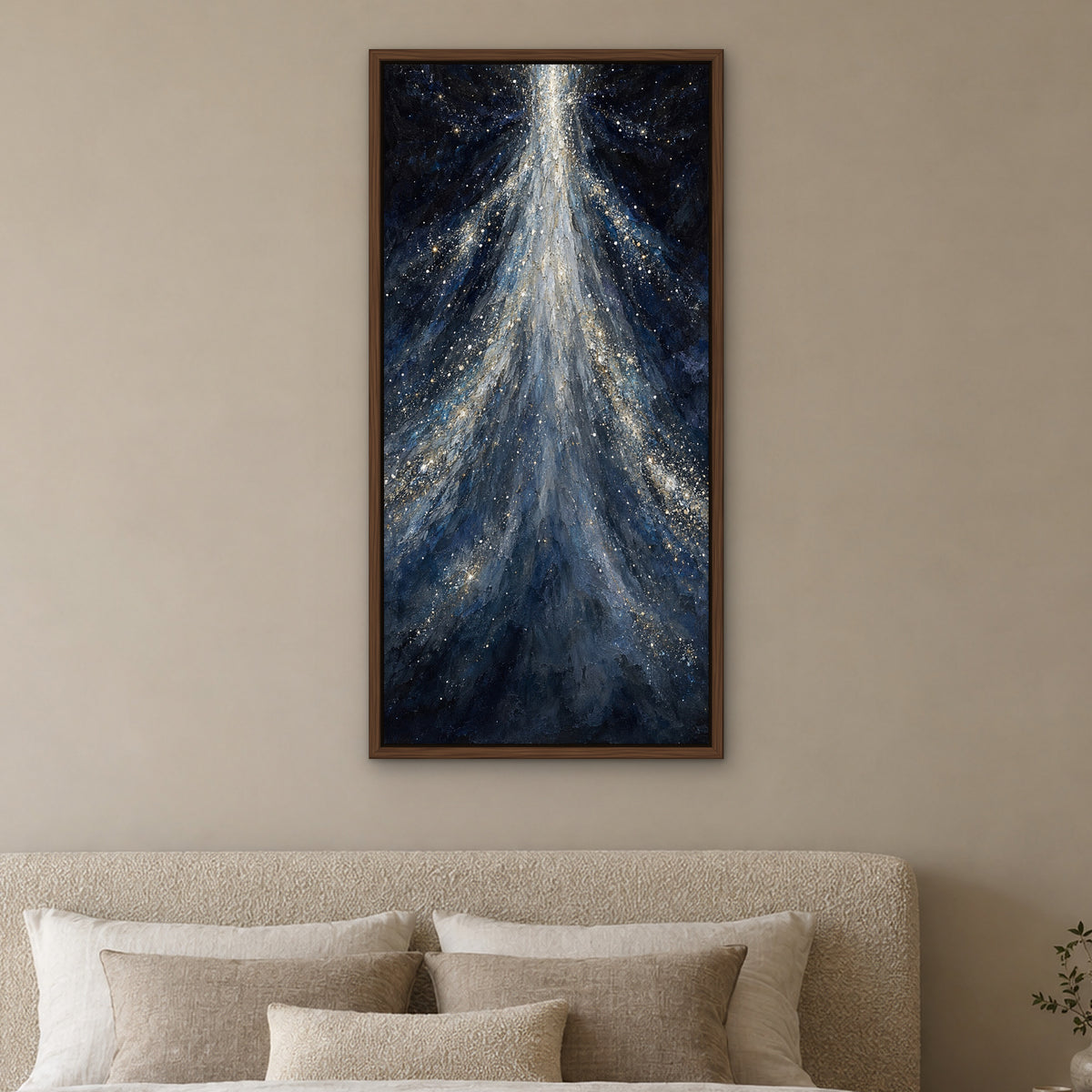 Starfall Cascade, blue abstract hand-painted canvas wall art in a bedroom – Gallery 23