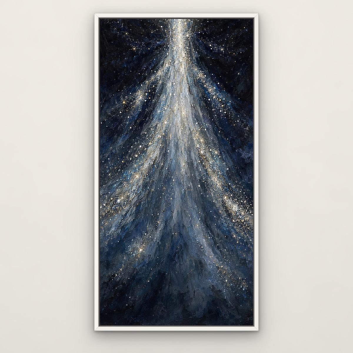 Starfall Cascade, blue abstract hand-painted canvas wall art in a slim white float frame – Gallery 23