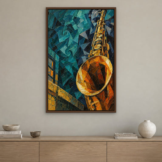 Sax in Teal, colourful pop art hand-painted canvas wall art in a living room – Gallery 23