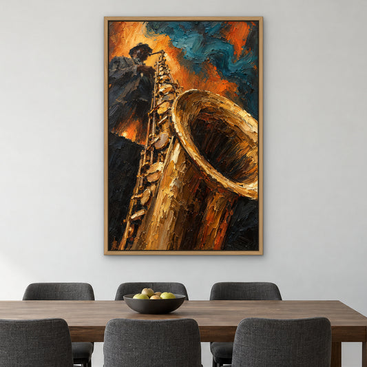 Saxophone Soul, colourful portrait hand-painted canvas wall art in a dining room – Gallery 23