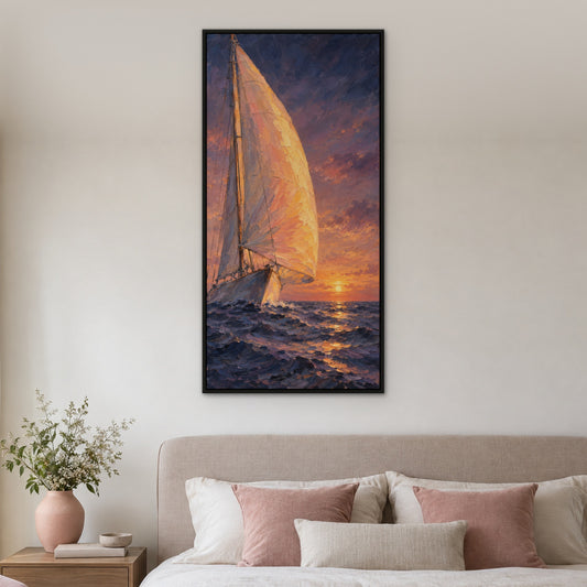 Evening Sail Glow, blue seascape hand-painted canvas wall art in a bedroom – Gallery 23