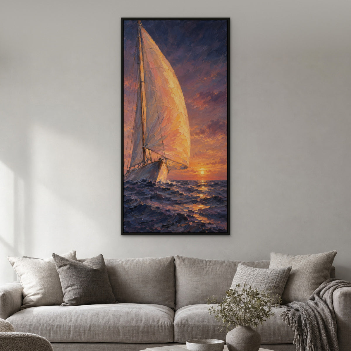 Evening Sail Glow, blue seascape hand-painted canvas wall art in a living room – Gallery 23