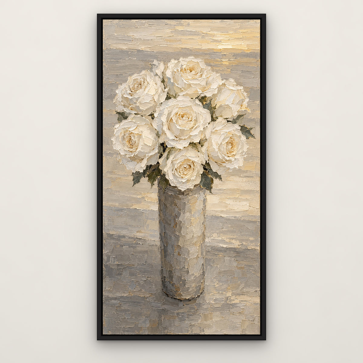 White Rose Vase, green floral hand-painted canvas wall art in a slim black float frame – Gallery 23