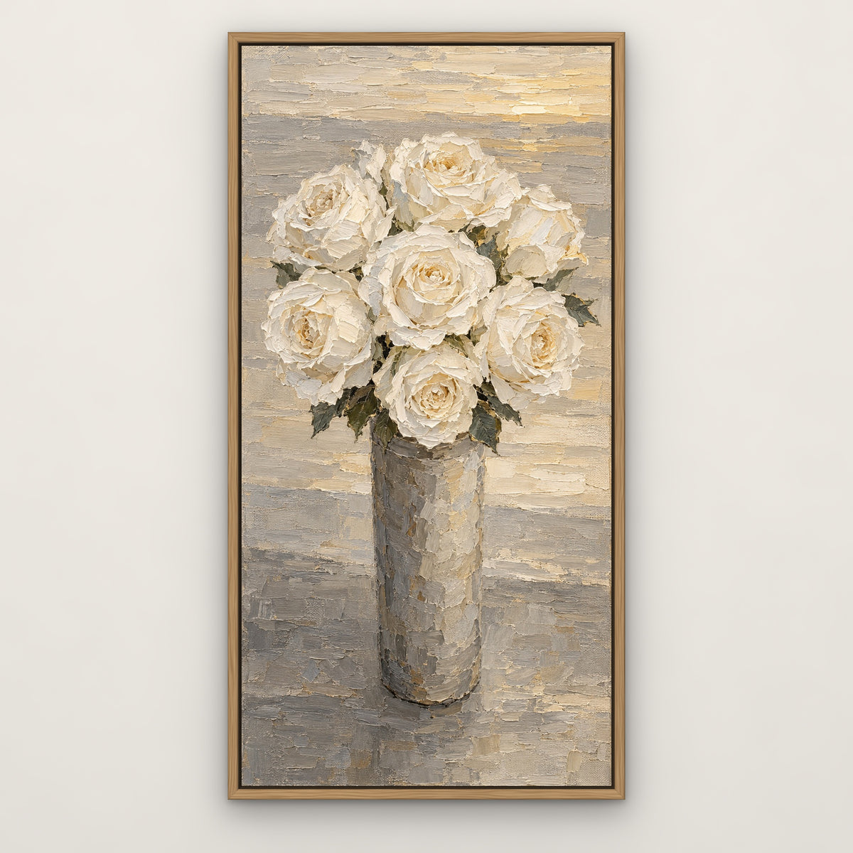 White Rose Vase, green floral hand-painted canvas wall art in a slim oak float frame – Gallery 23