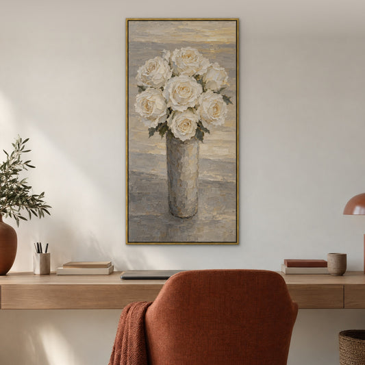 White Rose Vase, green floral hand-painted canvas wall art in a home office – Gallery 23