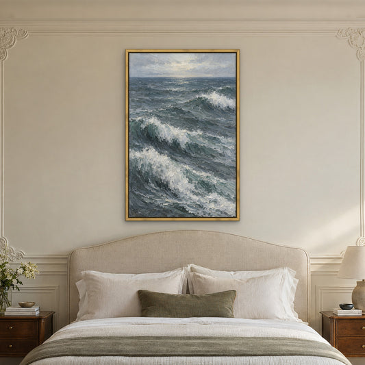 Grey Swell, blue abstract hand-painted canvas wall art in a bedroom – Gallery 23