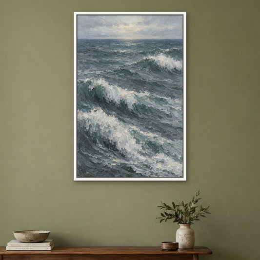 Grey Swell, blue abstract hand-painted canvas wall art in a hallway – Gallery 23