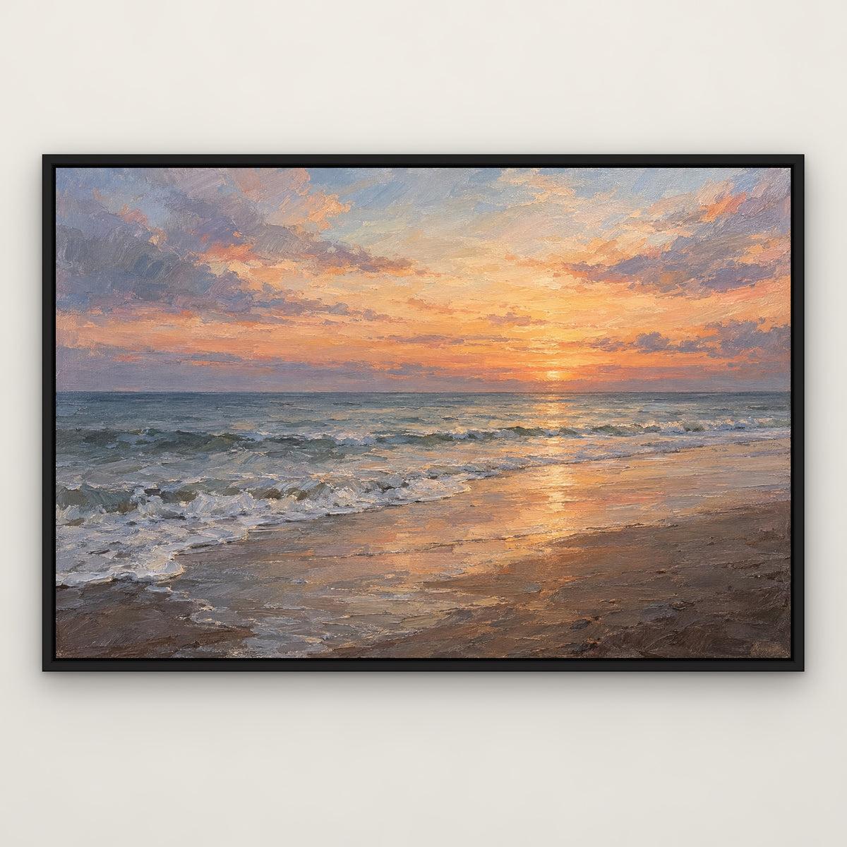 Pastel Tideline, blue abstract hand-painted canvas wall art in a slim black float frame – Gallery 23