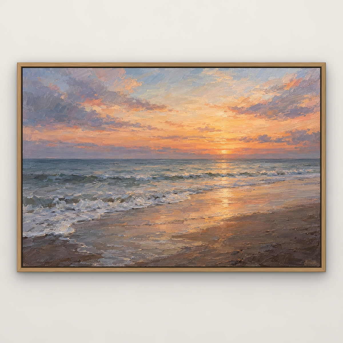 Pastel Tideline, blue abstract hand-painted canvas wall art in a slim oak float frame – Gallery 23