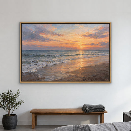 Pastel Tideline, blue abstract hand-painted canvas wall art in a bedroom – Gallery 23
