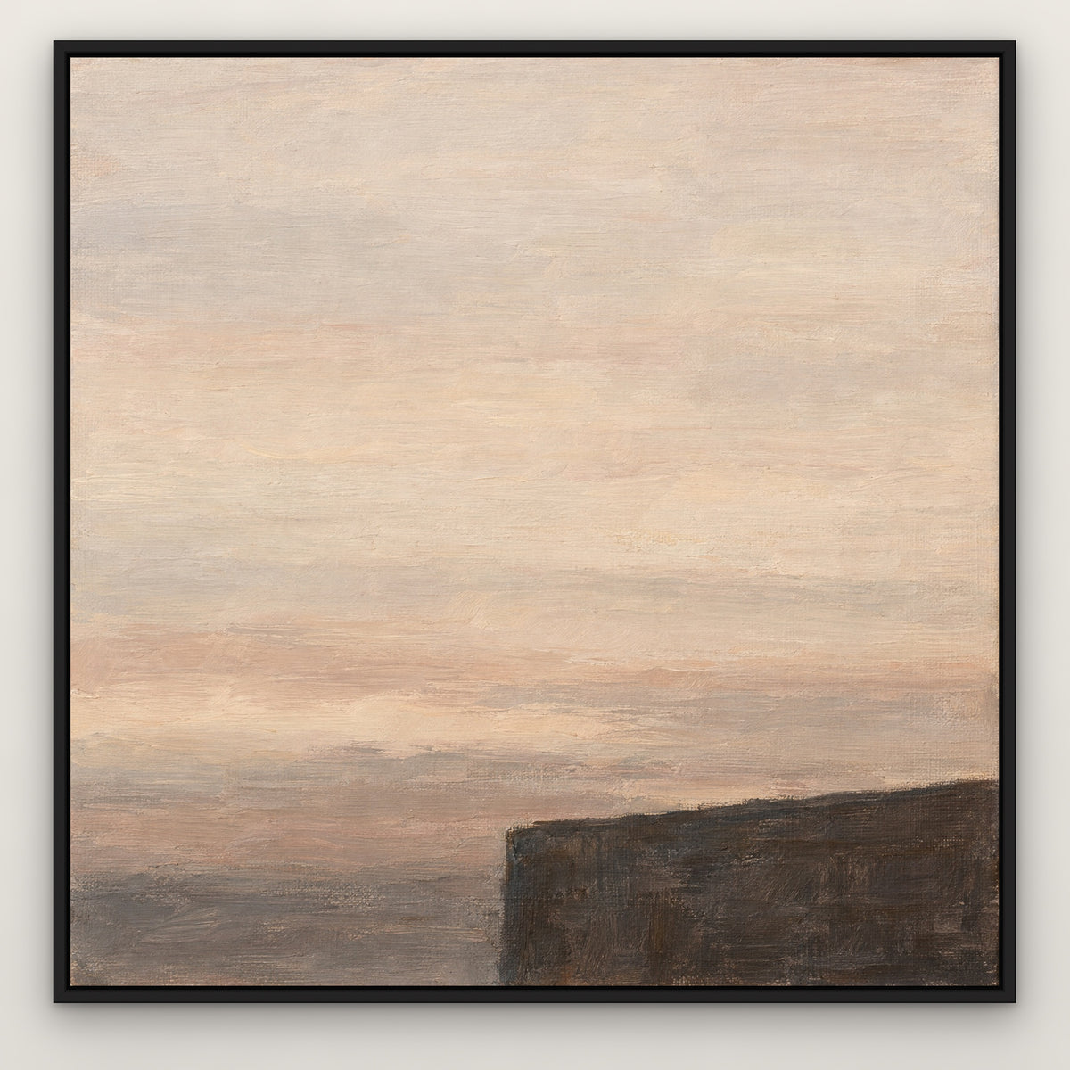 Dark Rectangle, brown abstract hand-painted canvas wall art in a slim black float frame – Gallery 23