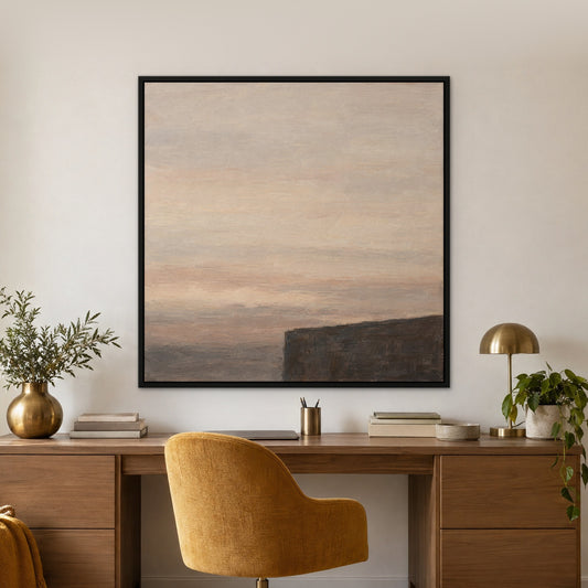 Dark Rectangle, brown abstract hand-painted canvas wall art in a home office – Gallery 23