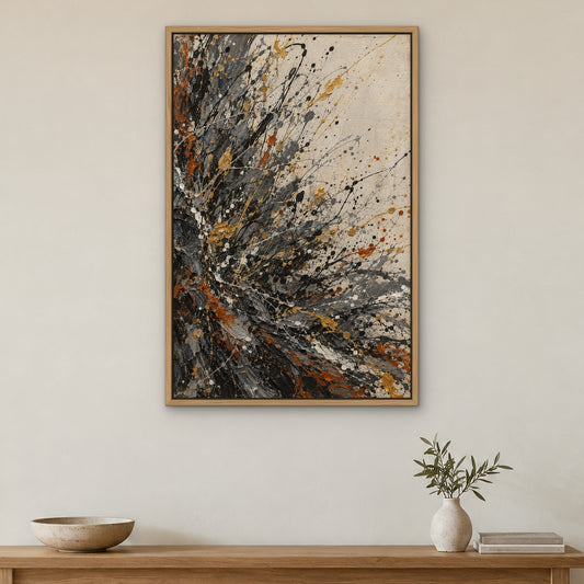 Graphite Splatter, colourful abstract hand-painted canvas wall art in a hallway – Gallery 23