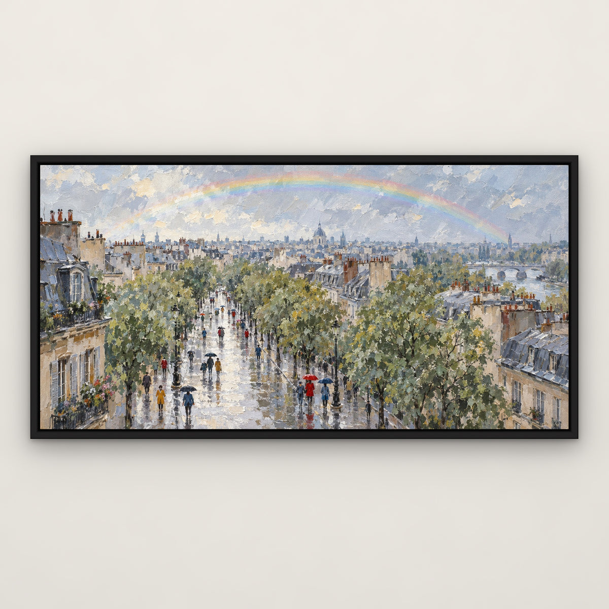 Rainbow Rain Boulevard, colourful abstract hand-painted canvas wall art in a slim black float frame – Gallery 23