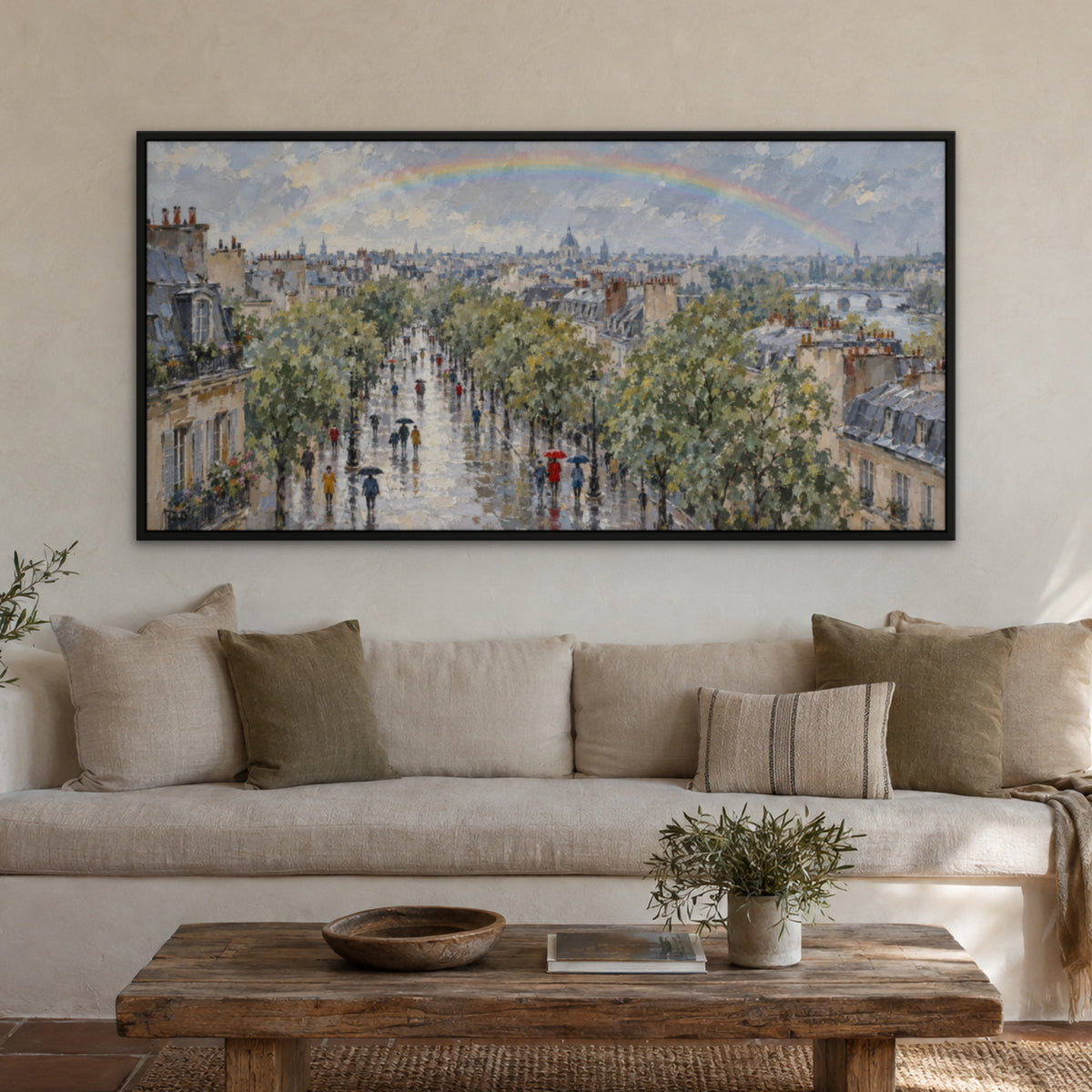Rainbow Rain Boulevard, colourful abstract hand-painted canvas wall art in a living room – Gallery 23