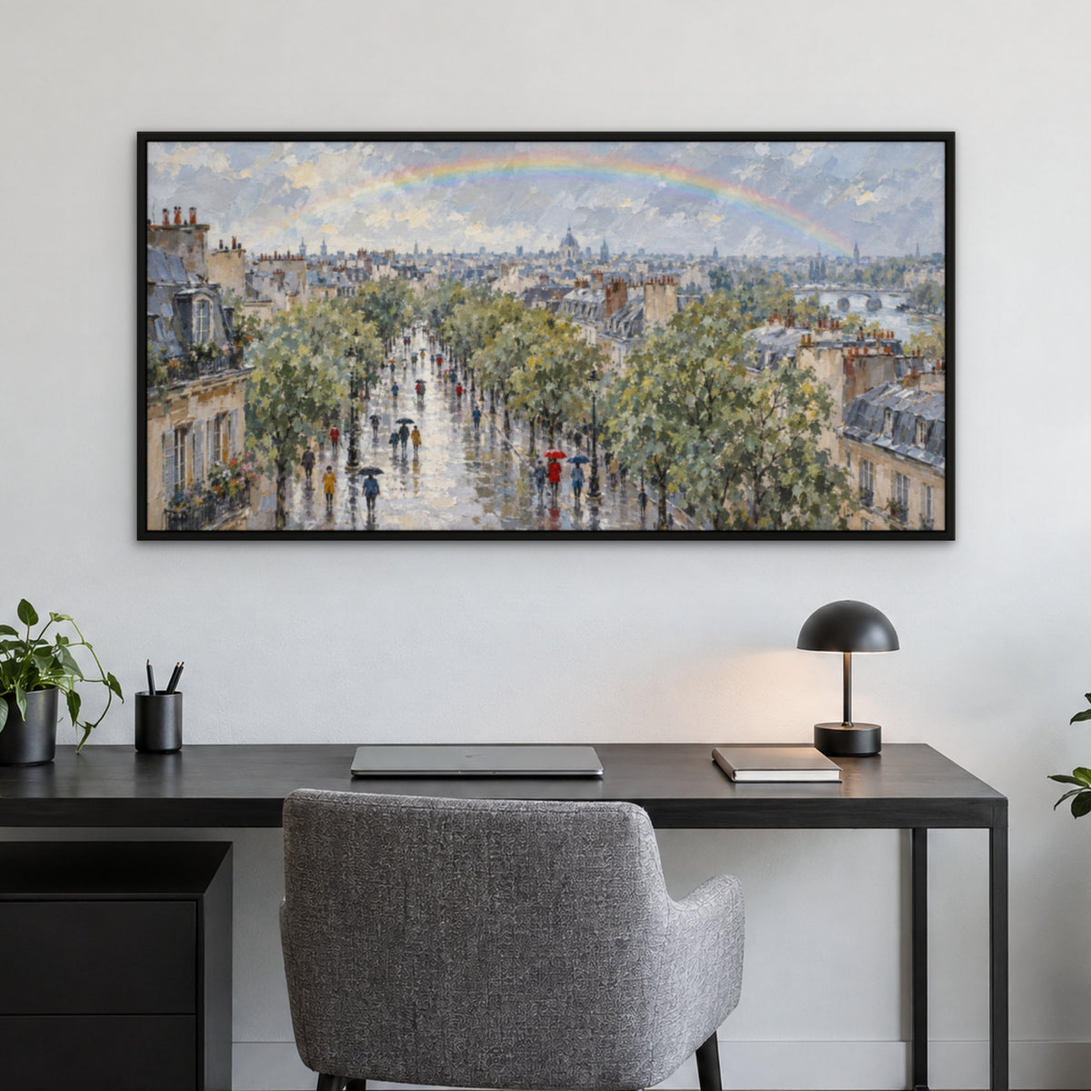 Rainbow Rain Boulevard, colourful abstract hand-painted canvas wall art in a home office – Gallery 23