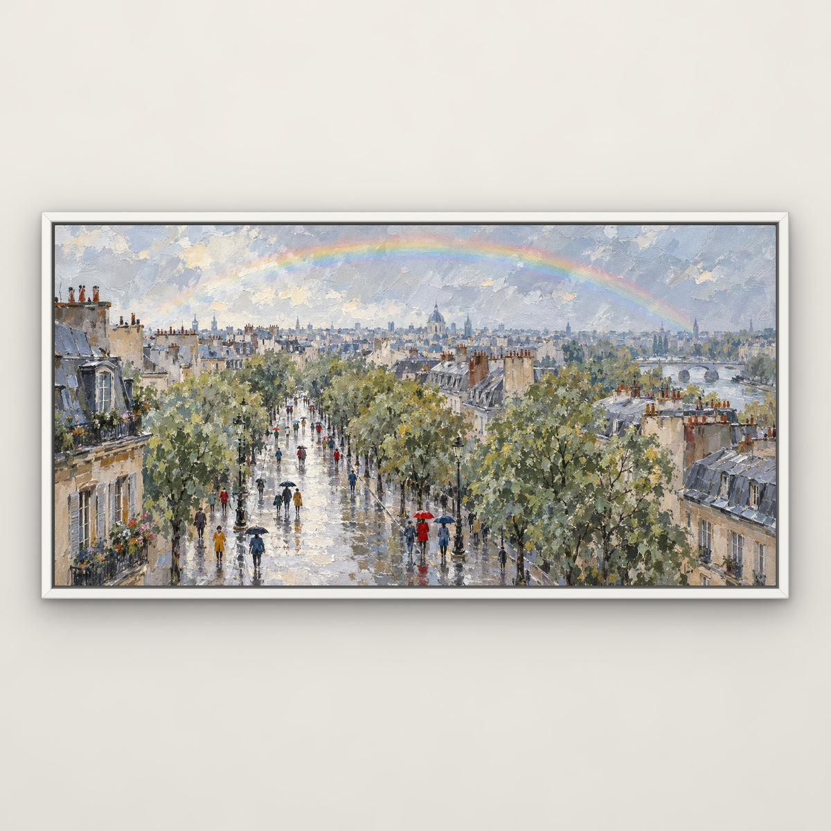Rainbow Rain Boulevard, colourful abstract hand-painted canvas wall art in a slim white float frame – Gallery 23