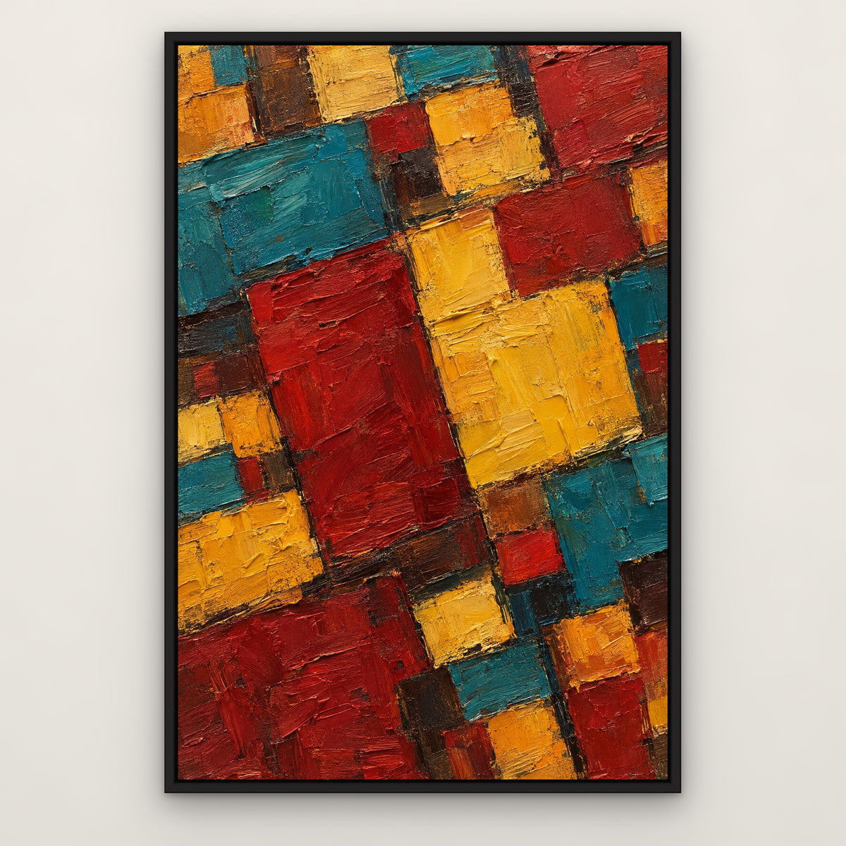 Red Gold Teal Blocks, colourful abstract hand-painted canvas wall art in a slim black float frame – Gallery 23