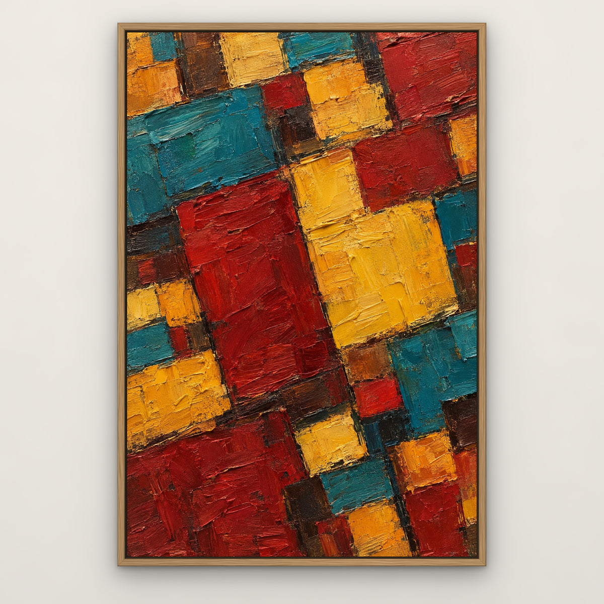 Red Gold Teal Blocks, colourful abstract hand-painted canvas wall art in a slim oak float frame – Gallery 23