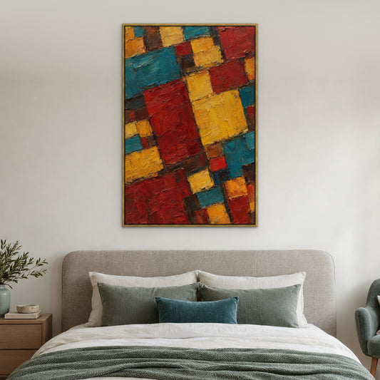 Red Gold Teal Blocks, colourful abstract hand-painted canvas wall art in a bedroom – Gallery 23