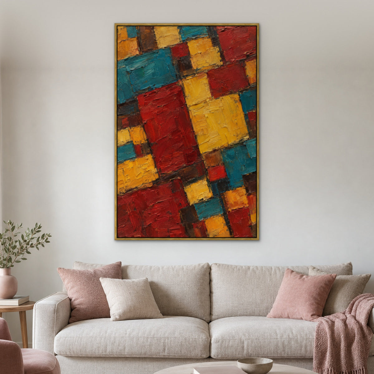 Red Gold Teal Blocks, colourful abstract hand-painted canvas wall art in a living room – Gallery 23