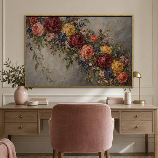 Wild Rose Cascade, colourful floral hand-painted canvas wall art in a home office – Gallery 23