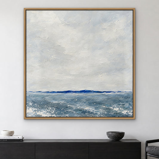 Cobalt Wave Line, blue abstract hand-painted canvas wall art in a living room – Gallery 23