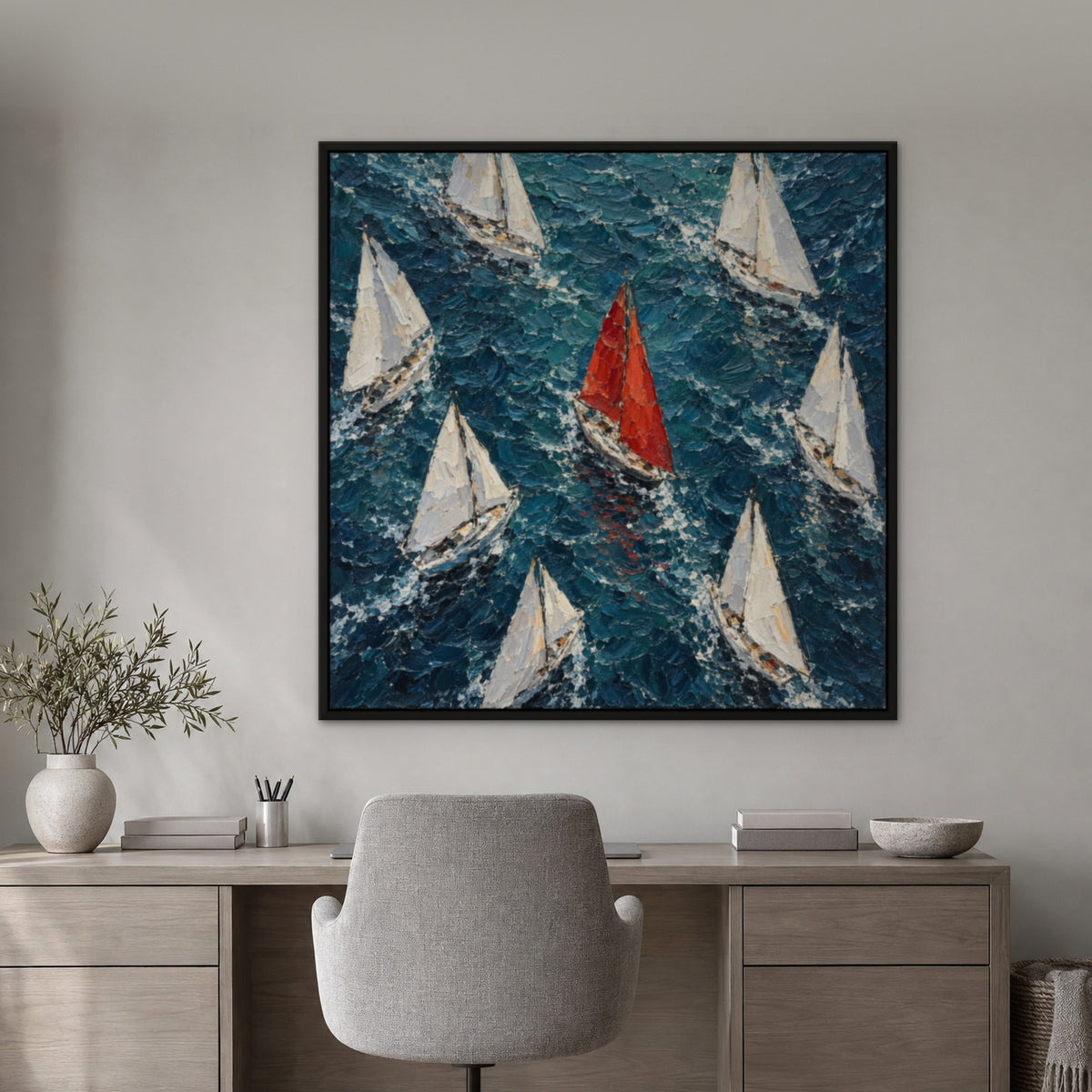 Red Sail Among White, blue seascape hand-painted canvas wall art in a home office – Gallery 23