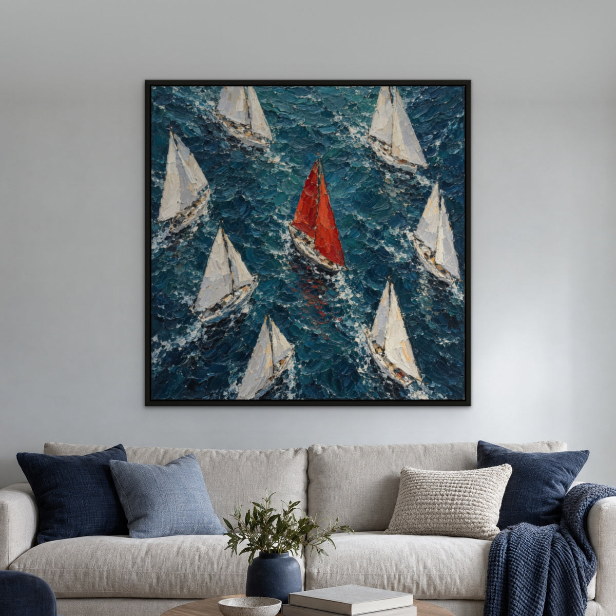 Red Sail Among White, blue seascape hand-painted canvas wall art in a living room – Gallery 23
