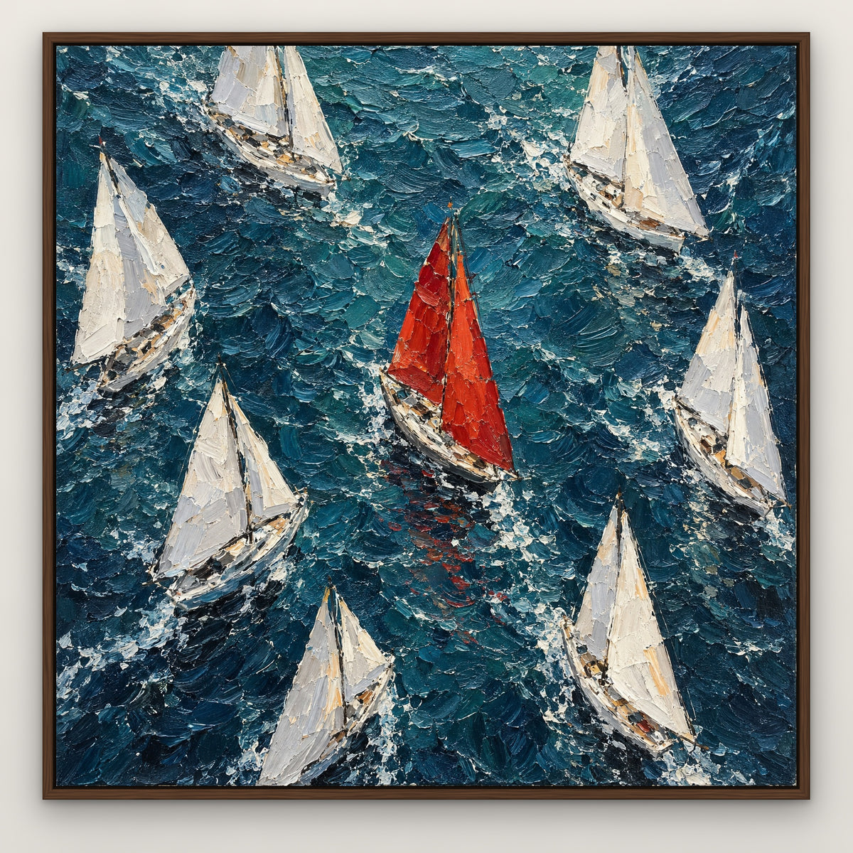 Red Sail Among White, blue seascape hand-painted canvas wall art in a slim walnut float frame – Gallery 23