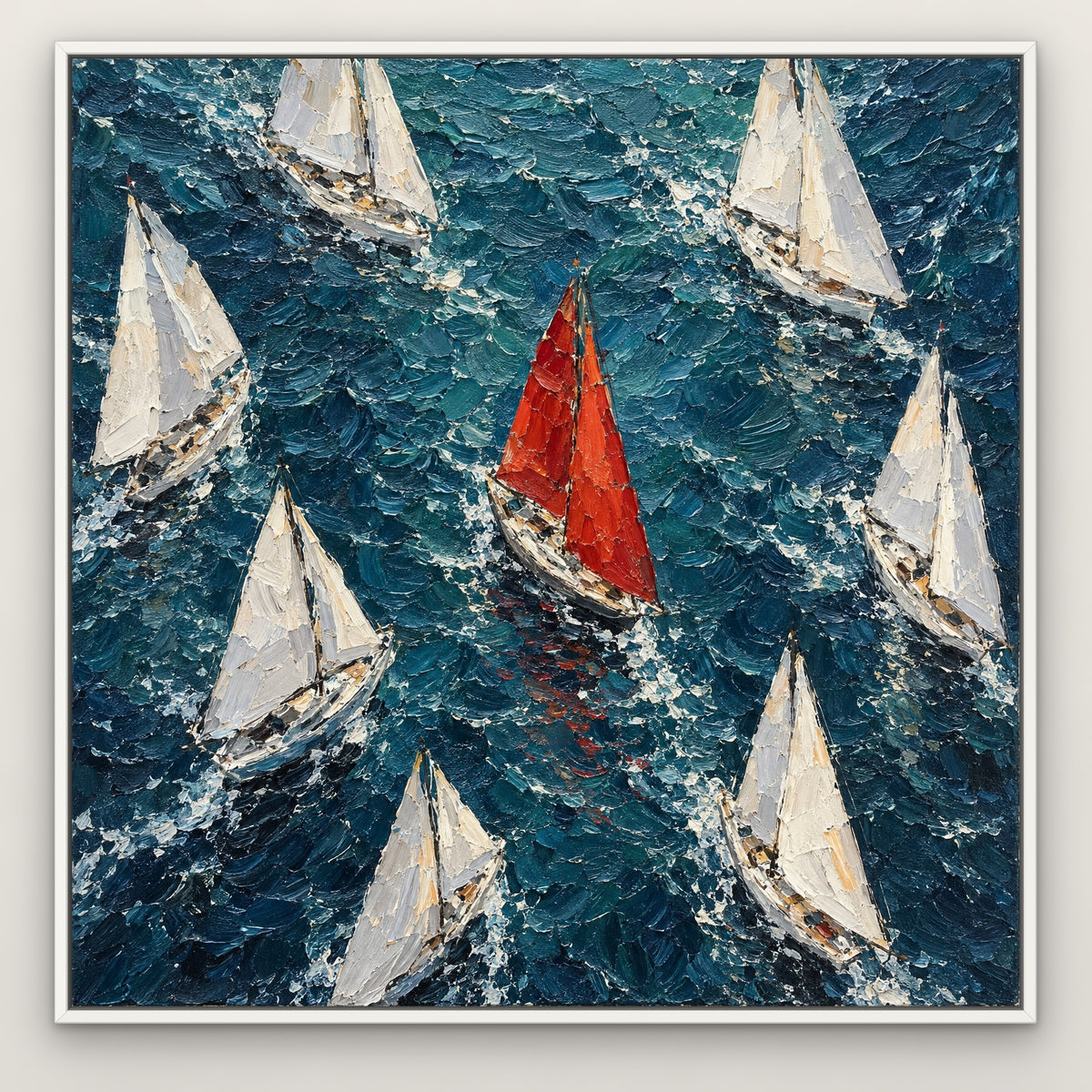 Red Sail Among White, blue seascape hand-painted canvas wall art in a slim white float frame – Gallery 23