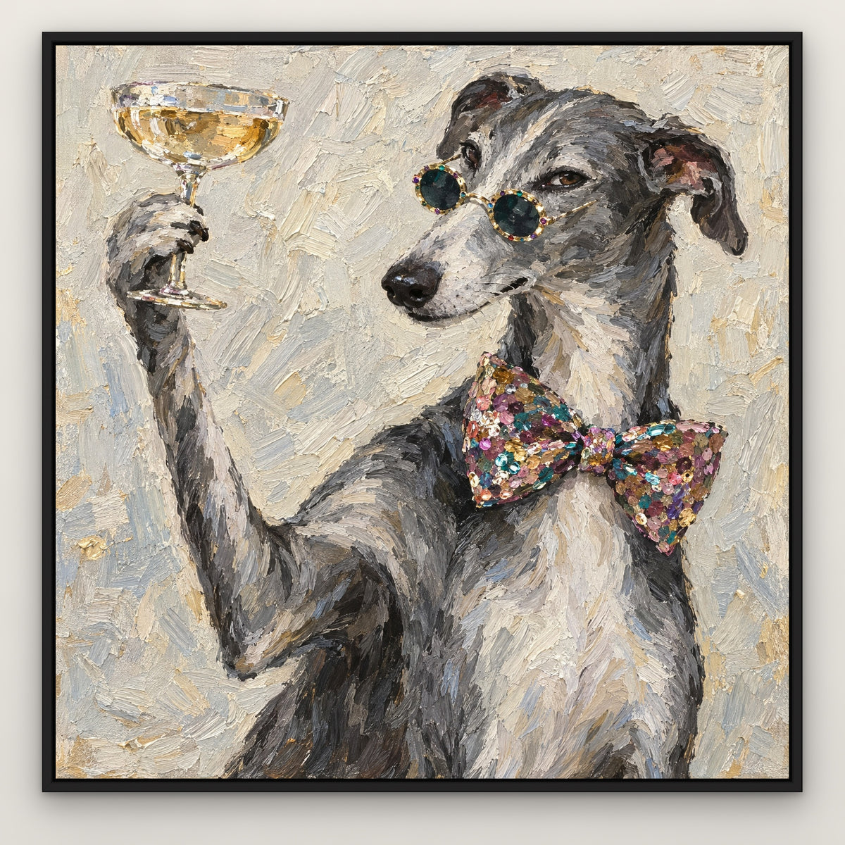 Dapper Hound, grey pop art hand-painted canvas wall art in a slim black float frame – Gallery 23